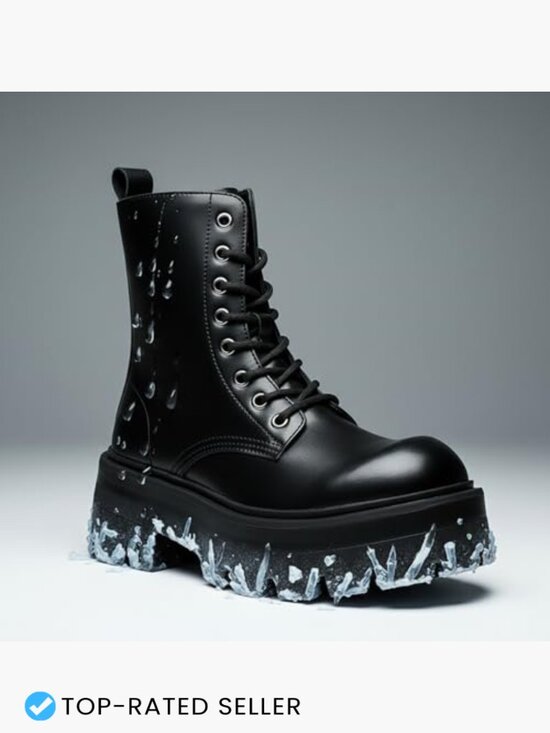 Men\'s Black Leather Lace-up Platform Combat Boots Chunky Heel Lug Sole Ankle